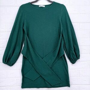 R.Vivimos Mini Dress Women S Green Tie Front Balloon Sleeve Slub Knit Boho